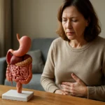 Žena so zobrazeným modelom žalúdka a nepríjemným pocitom v bruchu.