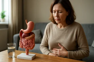 Žena so zobrazeným modelom žalúdka a nepríjemným pocitom v bruchu.