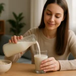 Žena nalieva ovsené mlieko do pohára v domácom prostredí