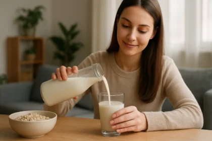 Žena nalieva ovsené mlieko do pohára v domácom prostredí