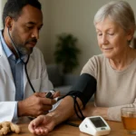 Lekár monitoruje krvný tlak staršej paciente s použitím tonometra.