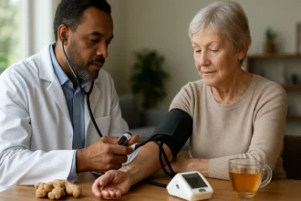Lekár monitoruje krvný tlak staršej paciente s použitím tonometra.