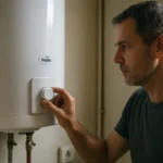 Muž nastavuje termostat na bojleri Hajdu pre efektívne zásobovanie teplou vodou.