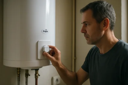 Muž nastavuje termostat na bojleri Hajdu pre efektívne zásobovanie teplou vodou.