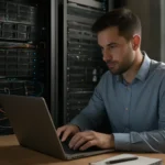 Muž pracujúci na laptopu pred webovými servermi v dátovom centre.