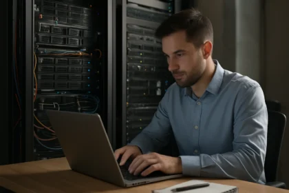 Muž pracujúci na laptopu pred webovými servermi v dátovom centre.