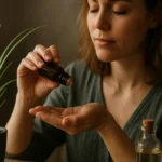 Žena aplikuje éterický olej z palmarózy na dlaň.