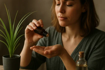 Žena aplikuje éterický olej z palmarózy na dlaň.