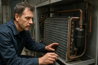 Technik kontroluje výparník chladiaceho systému pre zvýšenie účinnosti