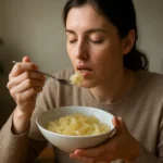 Žena užívajúca si varené cibule v miske