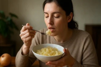 Žena užívajúca si varené cibule v miske