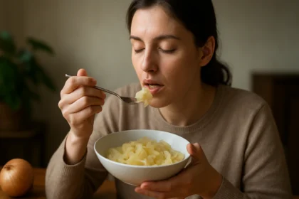 Žena užívajúca si varené cibule v miske