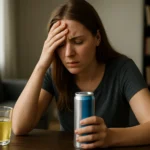 Žena so zvýšenou úzkosťou pri energetickom nápoji na stole.