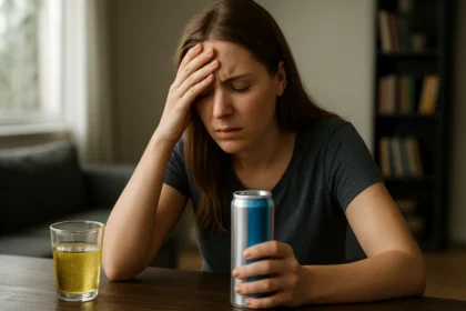 Žena so zvýšenou úzkosťou pri energetickom nápoji na stole.