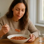 Žena konzumuje fazule ako zdravý zdroj výživy