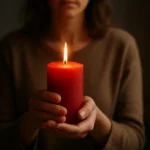 Žena drží horiacu červenú sviečku, symbolizujúcu energiu a vášeň.