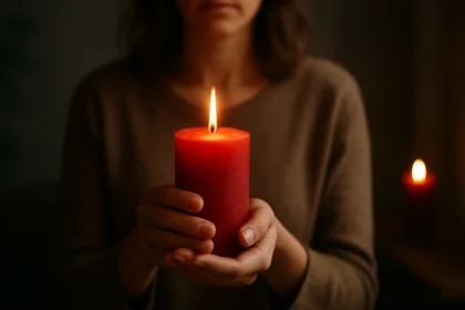 Žena drží horiacu červenú sviečku, symbolizujúcu energiu a vášeň.