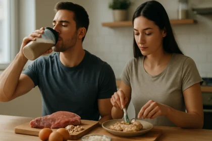 Zdravá strava s bielkovinami: muži a ženy pri jedle