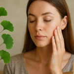 Žena s ginkgo biloba a sérum na pleť postaranou o zdravie pokožky