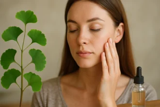 Žena s ginkgo biloba a sérum na pleť postaranou o zdravie pokožky