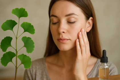Žena s ginkgo biloba a sérum na pleť postaranou o zdravie pokožky