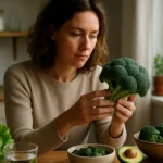 Žena sa zaoberá brokolicou a inou listovou zeleninou v kuchyni.