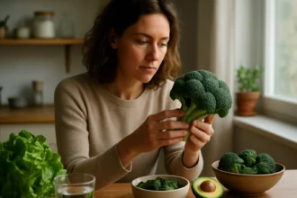 Žena sa zaoberá brokolicou a inou listovou zeleninou v kuchyni.