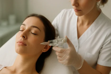 Žena na mezoterapii, ktorá sa stará o pleť na klinike