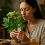 Žena s archangelikou, liečivou bylinou, v prírodnej lekárni