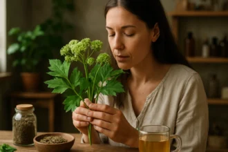 Žena s archangelikou, liečivou bylinou, v prírodnej lekárni