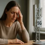 Žena so bolesťou hlavy pri modeli 5G antény a laptopu.