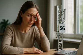 Žena so bolesťou hlavy pri modeli 5G antény a laptopu.