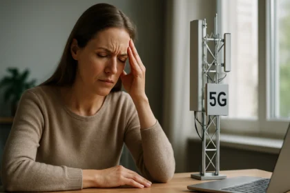 Žena so bolesťou hlavy pri modeli 5G antény a laptopu.