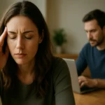 Žena zažíva stres a frustráciu, muž pracuje na notebooku.