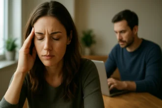 Žena zažíva stres a frustráciu, muž pracuje na notebooku.