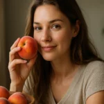 Žena drži broskyňu, symbol zdravia a krásy, s miskou broskýň na stole.