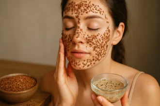 Žena s maskou na tvári z ľanových semienok pre zdravú pleť.