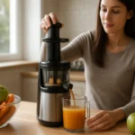 Žena používa odšťavovač pri príprave čerstvej šťavy z ovocia a zeleniny.