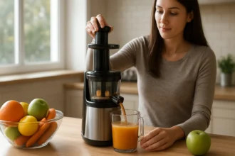 Žena používa odšťavovač pri príprave čerstvej šťavy z ovocia a zeleniny.