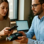 Pár diskutuje o finančných transakciách prostredníctvom mobilného a platobného zariadenia.