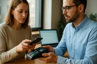 Pár diskutuje o finančných transakciách prostredníctvom mobilného a platobného zariadenia.