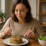 Žena vychutnáva aspik s bylinkami na tanieri