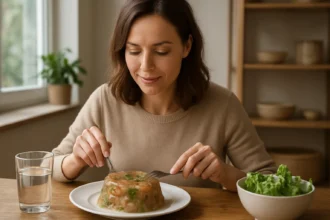 Žena vychutnáva aspik s bylinkami na tanieri