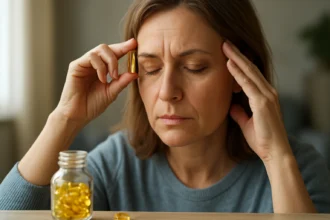 Žena s rybím olejom, ktorý podporuje zdravie nervového systému.