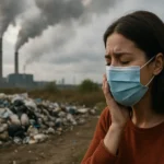 Žena v maske pre obmedzenie znečistenia pri smetisku s fajčením.