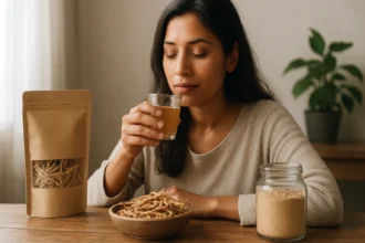 Žena pijúca nápoj z shatavari, prírodného lieku pre ženské zdravie.