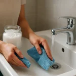 Žena čistí drez so soľou a mydlom, prírodní čistič