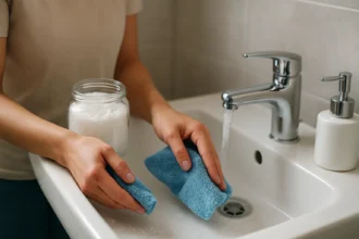 Žena čistí drez so soľou a mydlom, prírodní čistič