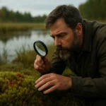 Muž skúma rašeliník s lupou na brehu jazera.