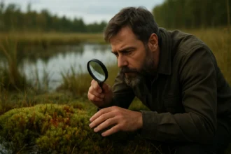 Muž skúma rašeliník s lupou na brehu jazera.
